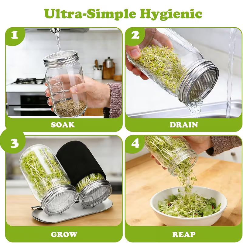 Mason Jar SPROUTING LID with Stand for Wide Mouth Jars Stainless Steel Seed Germinating Screens