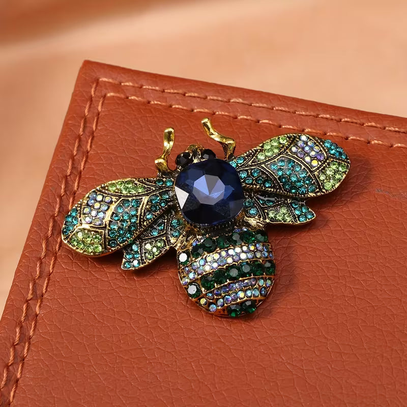 Vintage-Style Gemstone Bumblebee Brooch Pin Blue & Green
