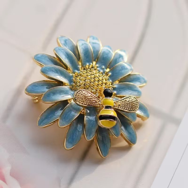 Bumblebee on Blue Flower Brooch Pin