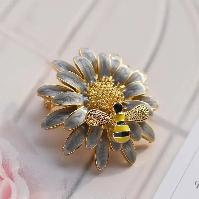 Bumblebee on Gray Flower Brooch Pin
