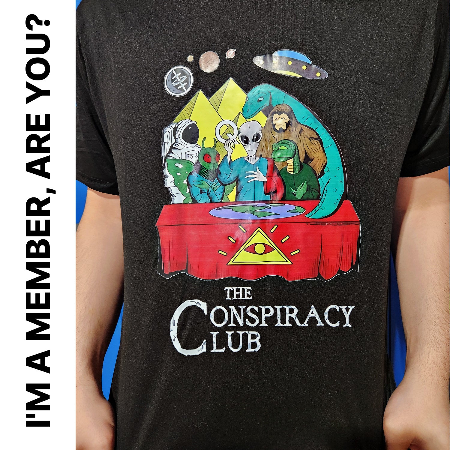 CONSPIRACY CLUB Dri-Fit Tee: Bigfoot Nessie NASA Moth Man Aliens & Freemasons