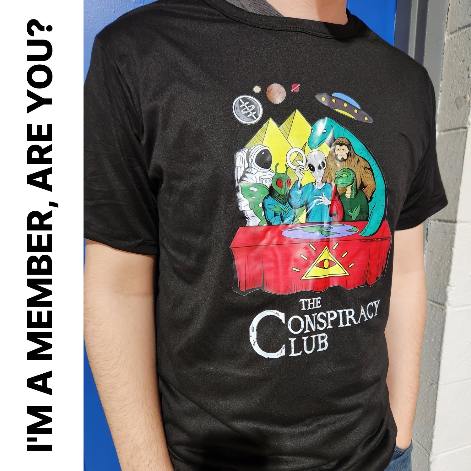 CONSPIRACY CLUB Dri-Fit Tee: Bigfoot Nessie NASA Moth Man Aliens & Freemasons