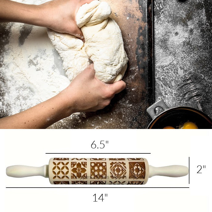 Geometric Shapes Embossed Rolling Pin - Natural Wood