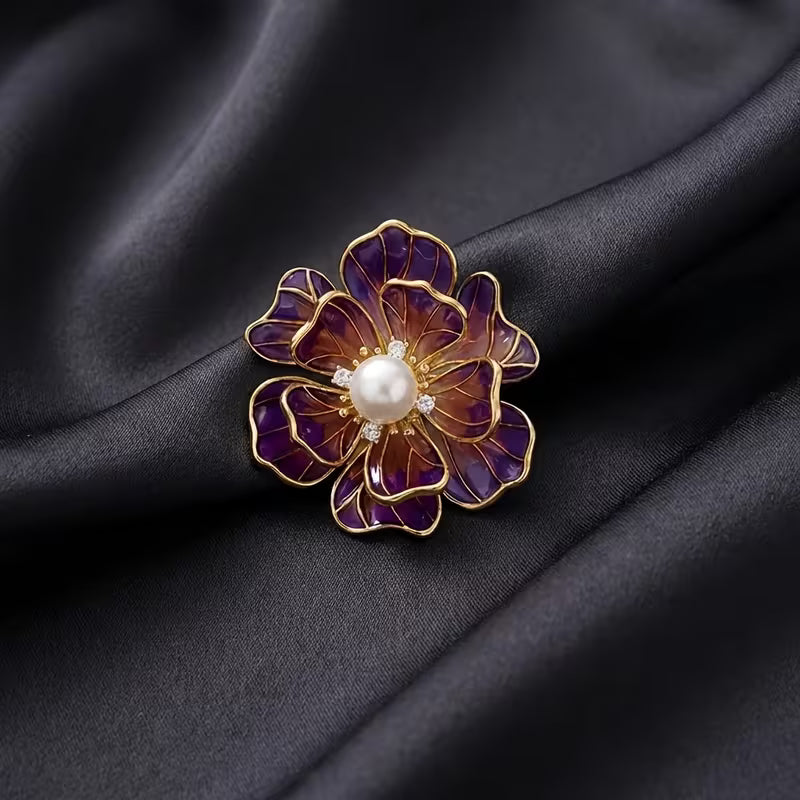 Flower Brooch with Pearl, Gemstones & Stained Glass Petals 2"