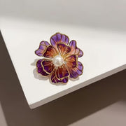 Flower Brooch with Pearl, Gemstones & Stained Glass Petals 2"