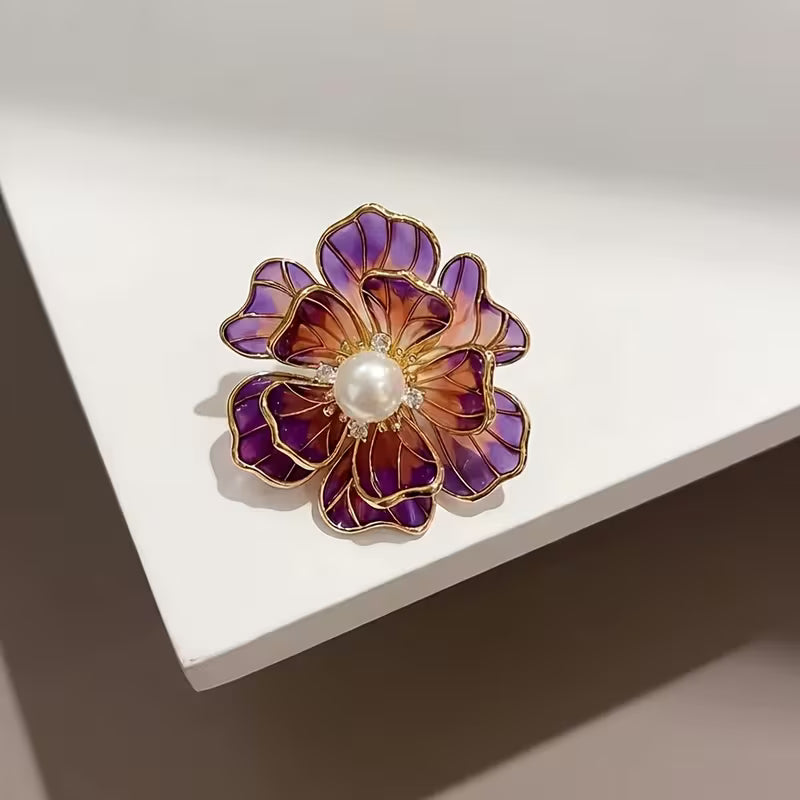 Flower Brooch with Pearl, Gemstones & Stained Glass Petals 2"
