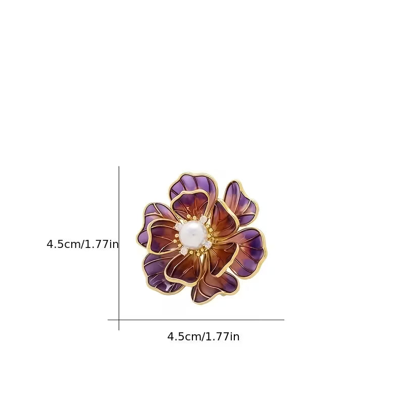 Flower Brooch with Pearl, Gemstones & Stained Glass Petals 2"