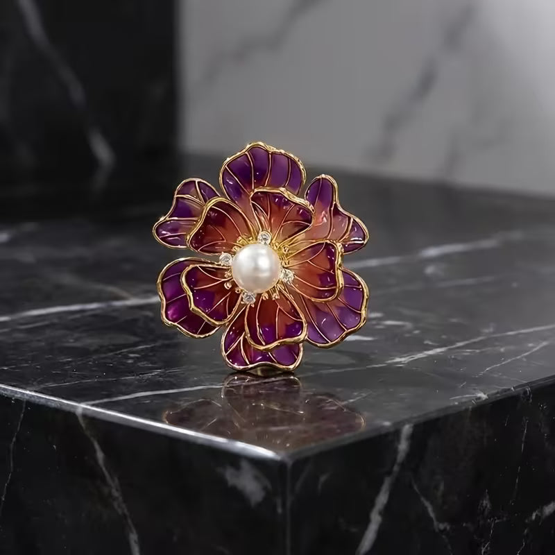 Flower Brooch with Pearl, Gemstones & Stained Glass Petals 2"