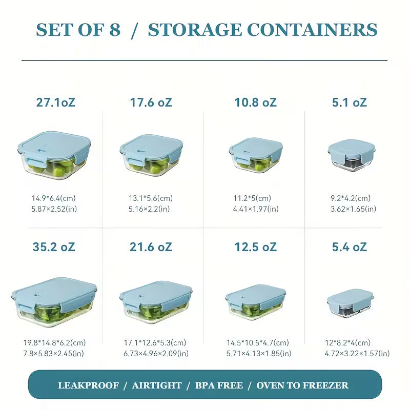 8 Pieces Airtight GLASS Food Storage Containers with Vented Leakproof Lids