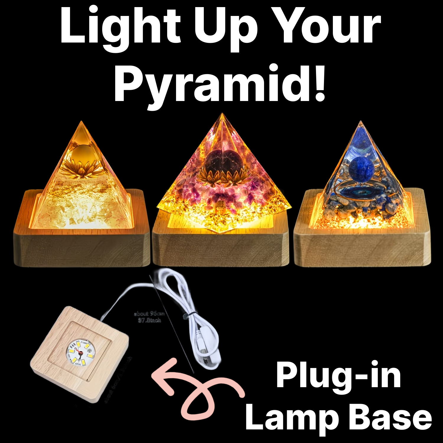 Orgone Pyramid LAMP LIGHT BASE! Natural Wood - For 1.97" Size Pyramids