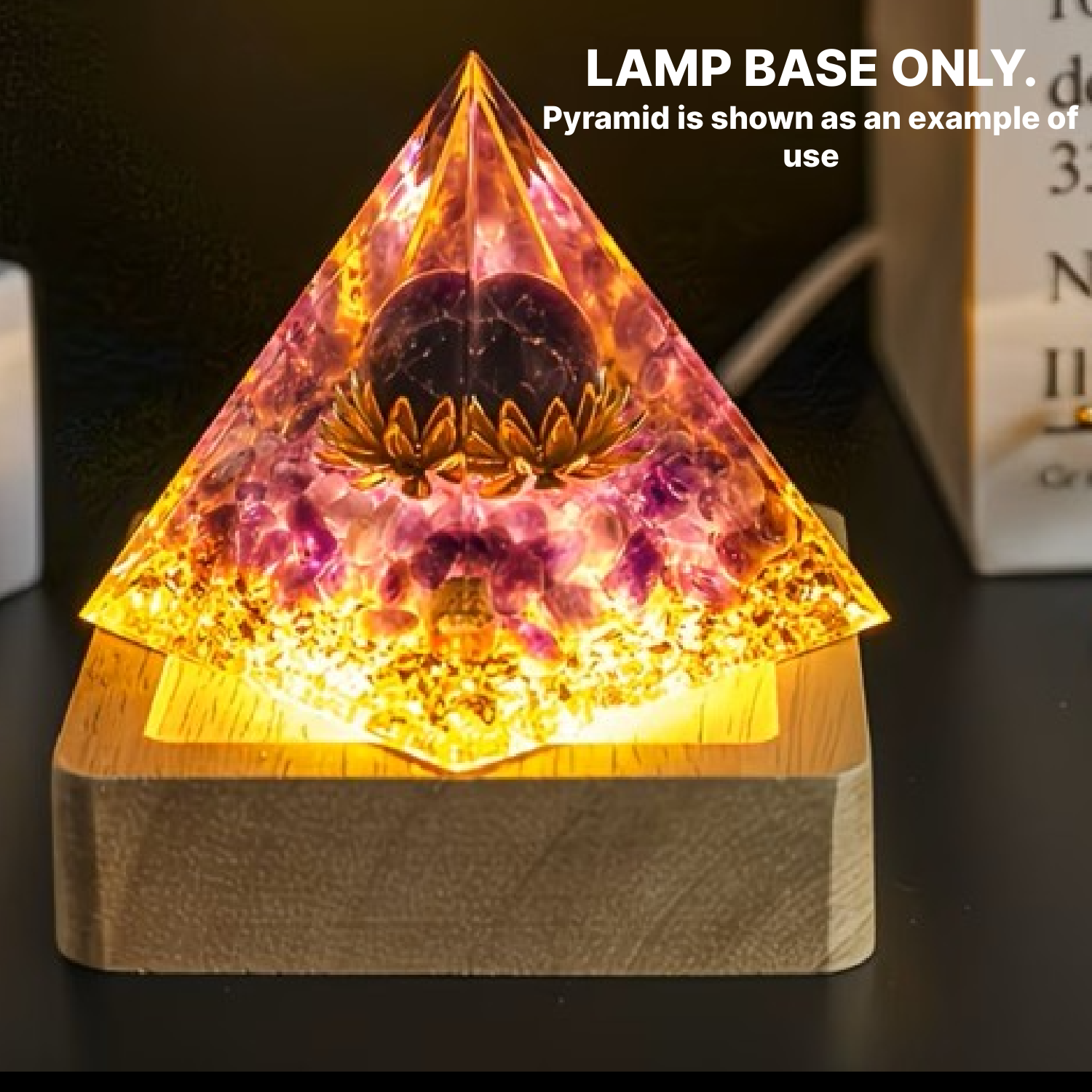 Orgone Pyramid LAMP LIGHT BASE! Natural Wood - For 1.97" Size Pyramids