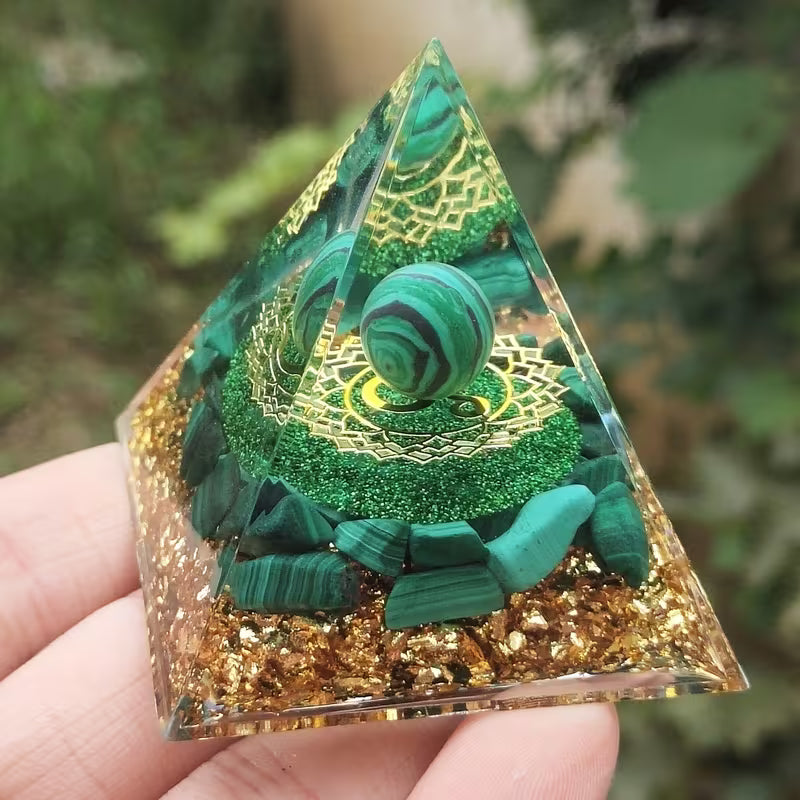 Natural Malachite Seven Chakra Orgone Pyramid - Protection, EMF, Environmental Pollution