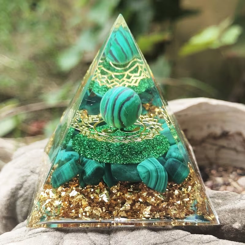 Natural Malachite Seven Chakra Orgone Pyramid - Protection, EMF, Environmental Pollution