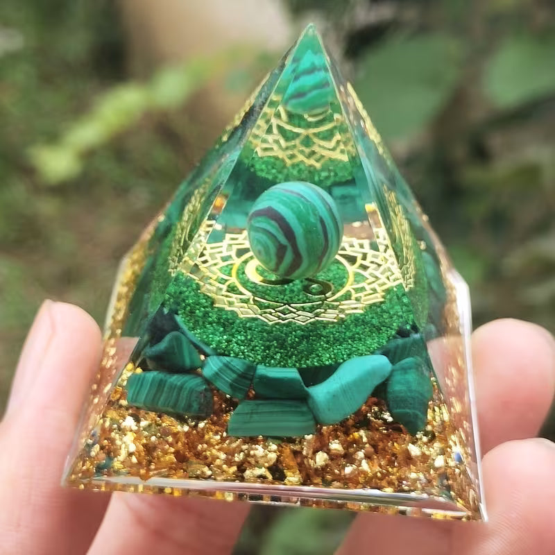 Natural Malachite Seven Chakra Orgone Pyramid - Protection, EMF, Environmental Pollution