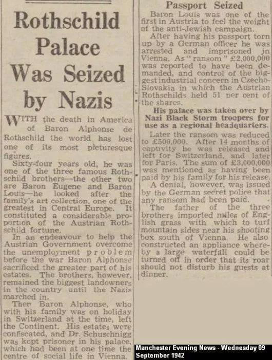 Nazis Seize Rothschild Palace - Original Newspaper Article (1942)