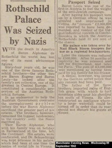 Nazis Seize Rothschild Palace - Original Newspaper Article (1942)
