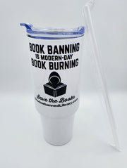HUGE 40oz STAINLESS STEEL Tumbler Mug - White - BOOK BURNING (A-2-4)