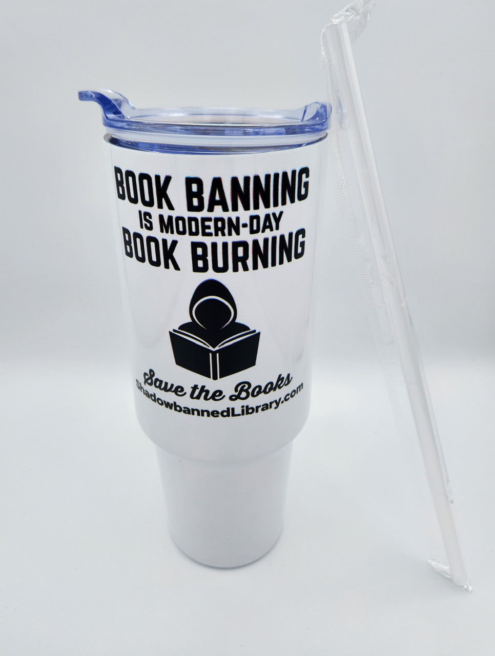 HUGE 40oz STAINLESS STEEL Tumbler Mug - White - BOOK BURNING (A-2-4)