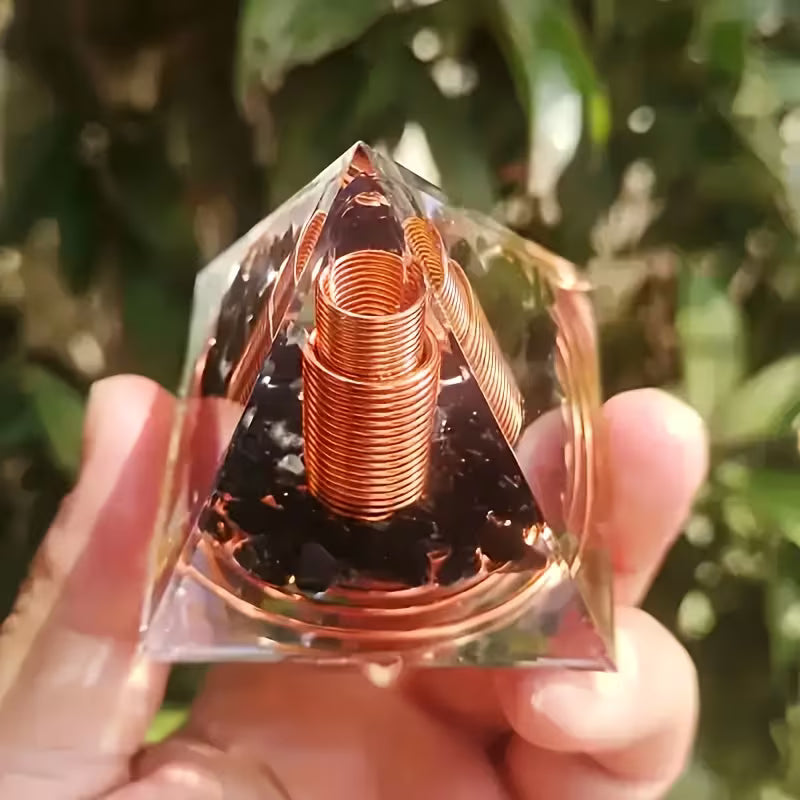 Obsidian & Copper Coil Orgone Pyramid - Emotional Healing, Grounding