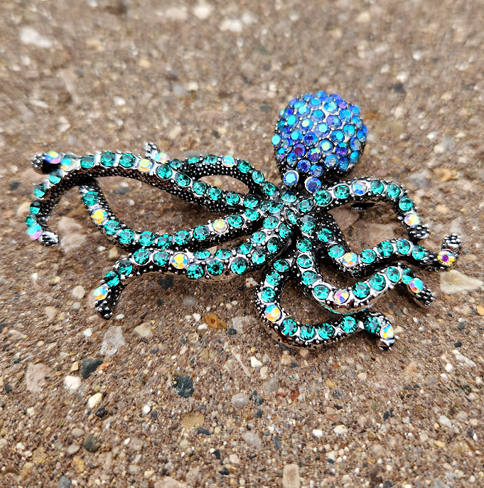 Large Aqua & Blue Gemstone Octopus Brooch Pin