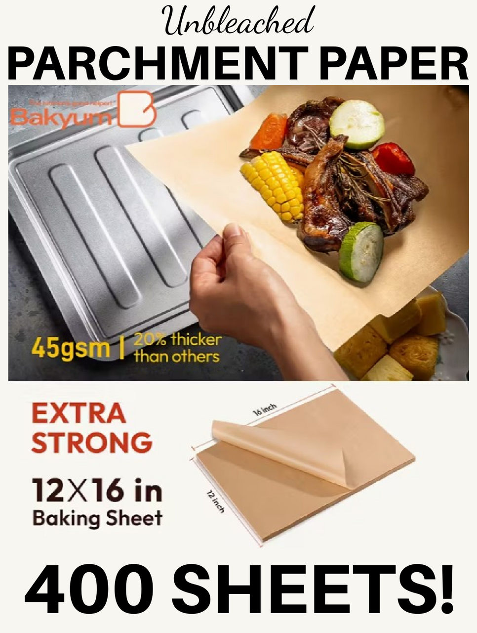 400 Sheets Parchment Paper UNBLEACHED Precut Oil-Proof 12"x16" (A-1-4)