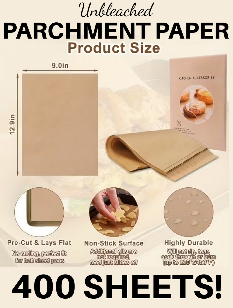 400 Sheets Parchment Paper UNBLEACHED Precut Oil-Proof 9"x13" (A-2-4)