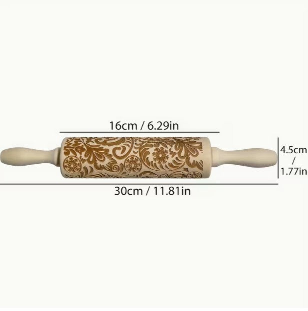 Floral Filigree Embossed Rolling Pin - Natural Wood