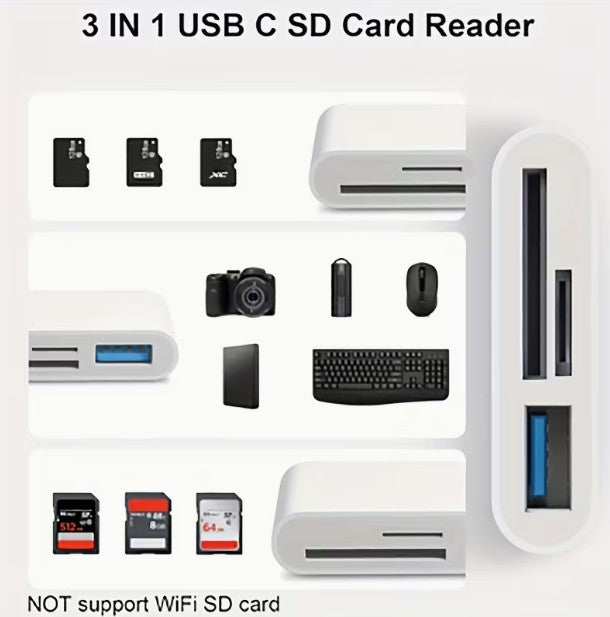 3-In-1 USB C Card Reader for 5 Pro, iPad, Mac, MacBook, Android, PCs