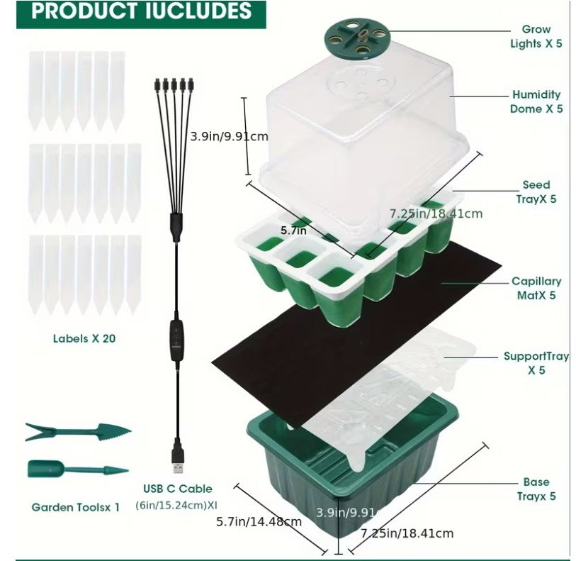 5 pack Kit! Seed Starter Trays with Grow Lights! Germinate Like a Pro
