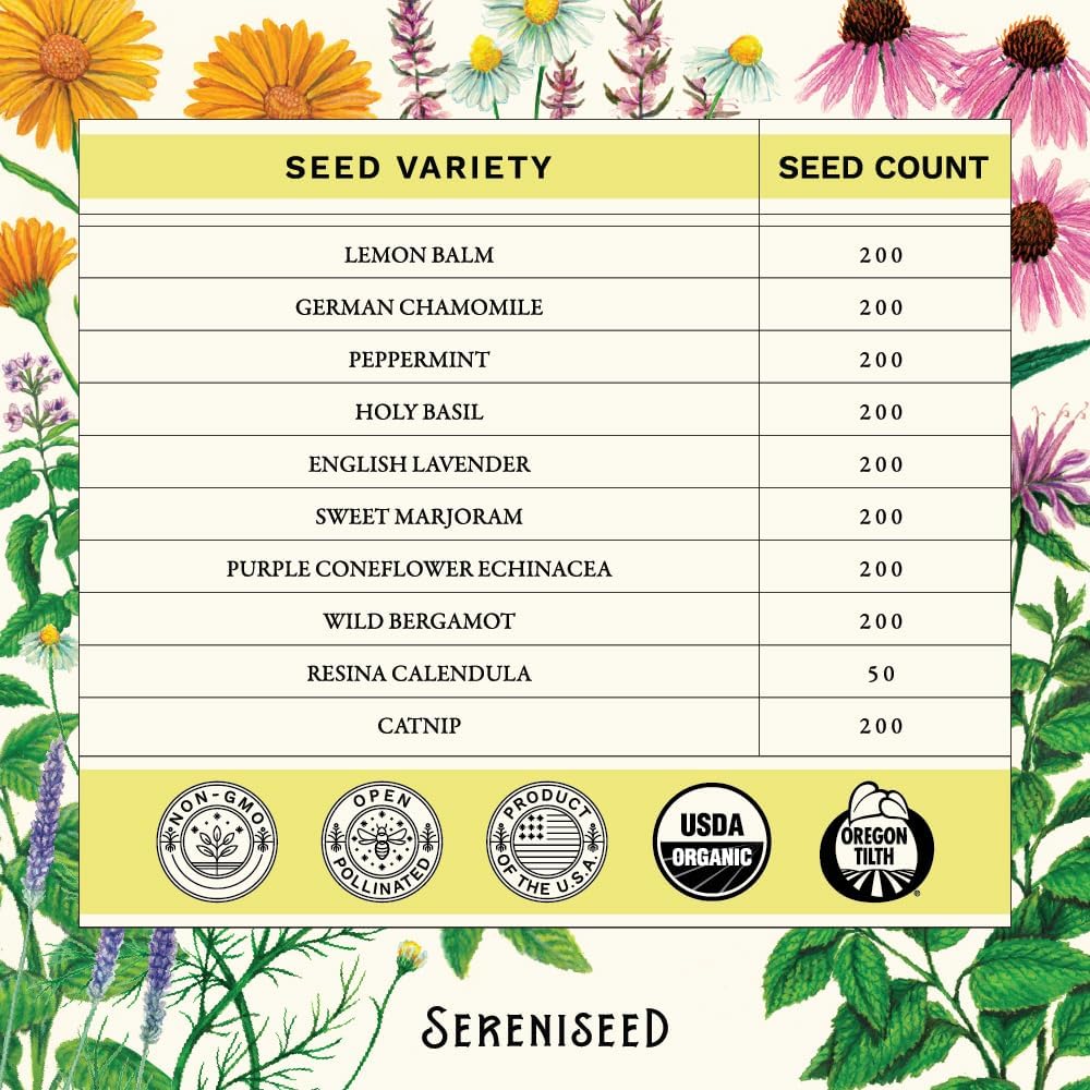 Lavender, Lemon Balm, Chamomile, Marjoram, Peppermint, Basil, Coneflower, Bergamot, Calendula, Catnip Seeds