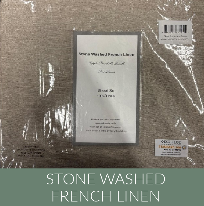 Queen Size Genuine French Linen Stone Washed Sheets NATURAL Set - 16 Inches Pocket