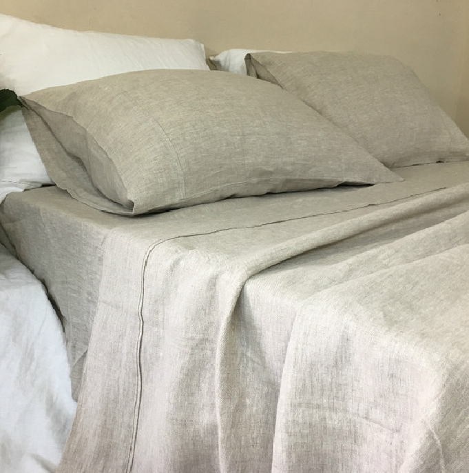 Queen Size Genuine French Linen Stone Washed Sheets NATURAL Set - 16 Inches Pocket