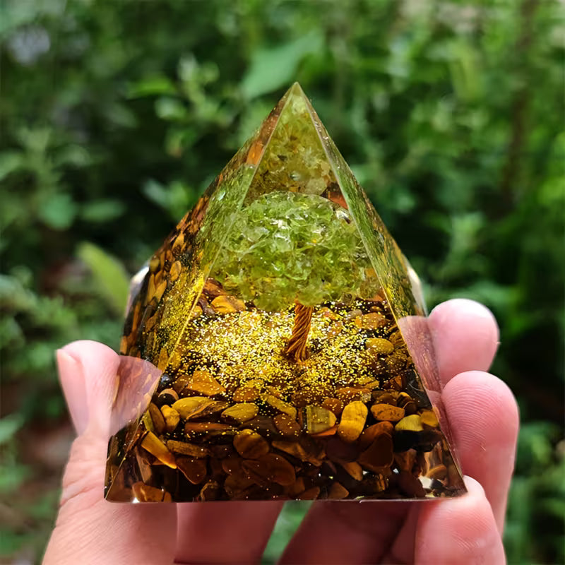 Peridot & Tigers Eye Tree Of Life Crystal Orgone Pyramid - Release Negative Emotions