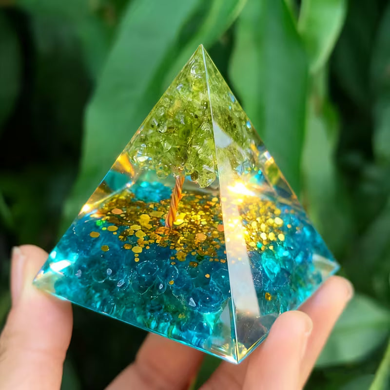 Tree of Life Orgone Pyramid with Peridot & Aquamarine THROAT CHAKRA Anxiety