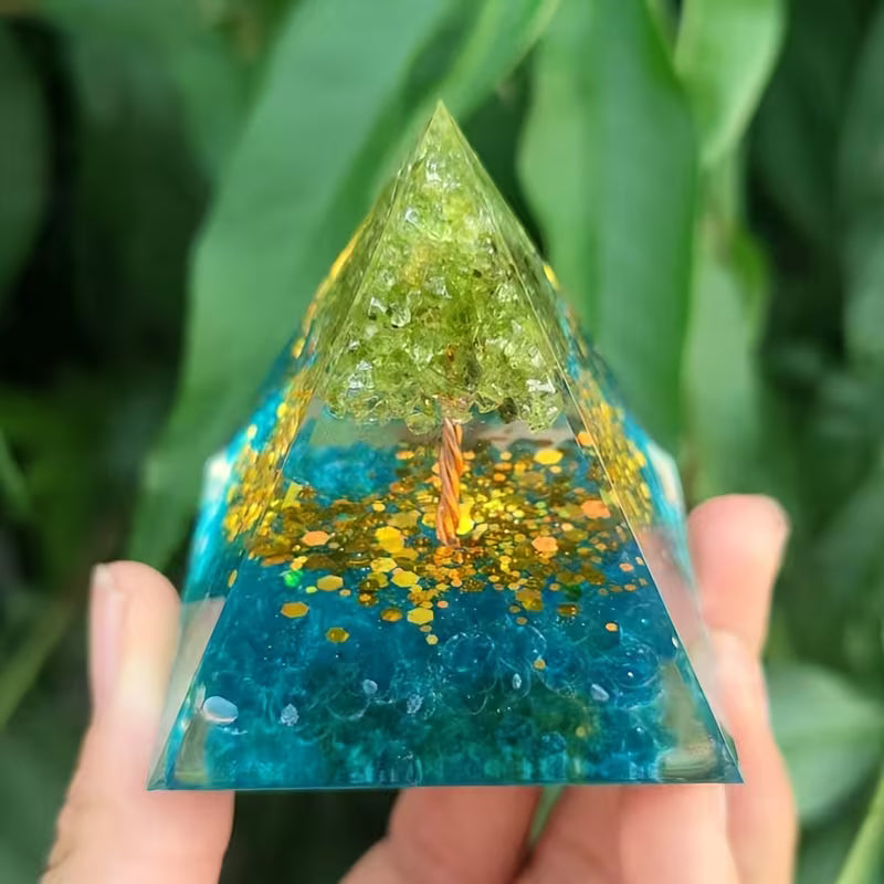 Tree of Life Orgone Pyramid with Peridot & Aquamarine THROAT CHAKRA Anxiety