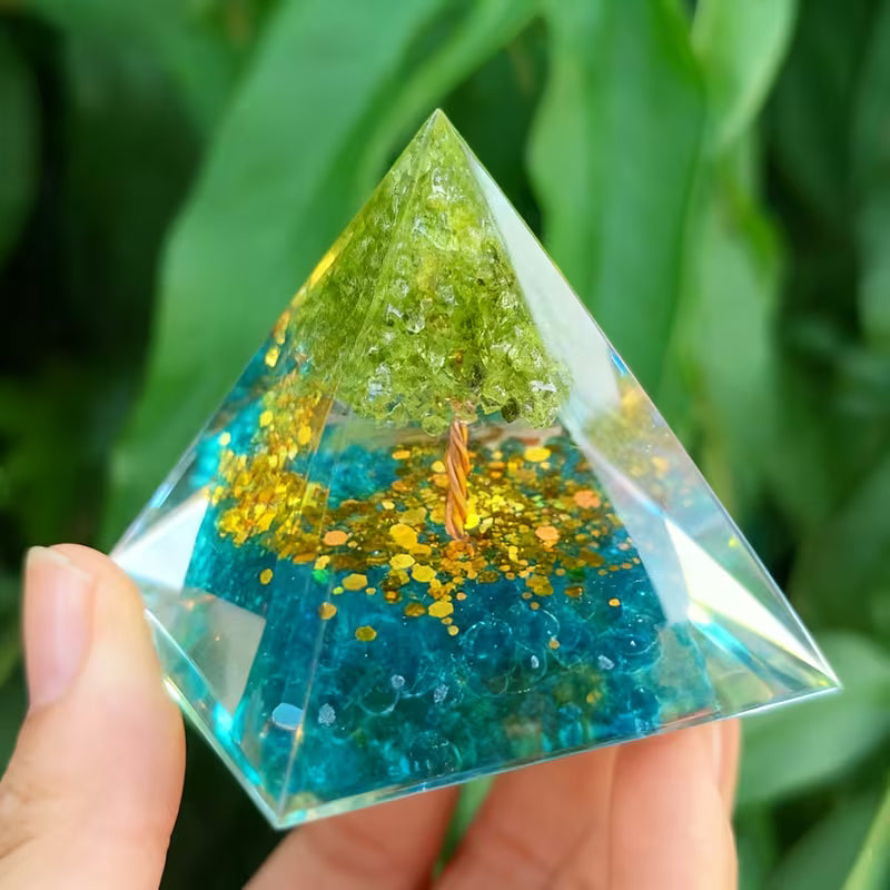 Tree of Life Orgone Pyramid with Peridot & Aquamarine THROAT CHAKRA Anxiety