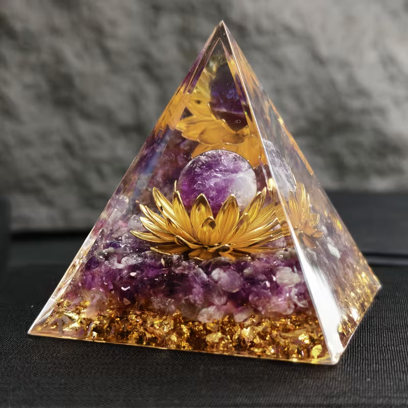 Orgone Pyramid Natural Amethyst & Amethyst Crystal Lotus-Life Flower