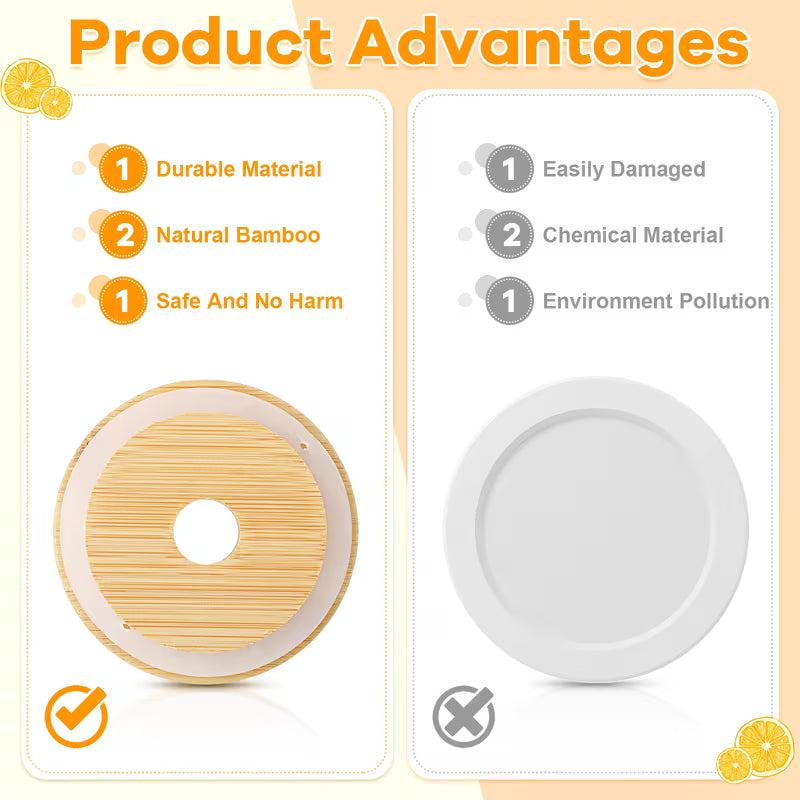 10 Pack Mason Jar NATURAL BAMBOO LIDS with Straw Hole - Convert Jars to Drinking Glasses!