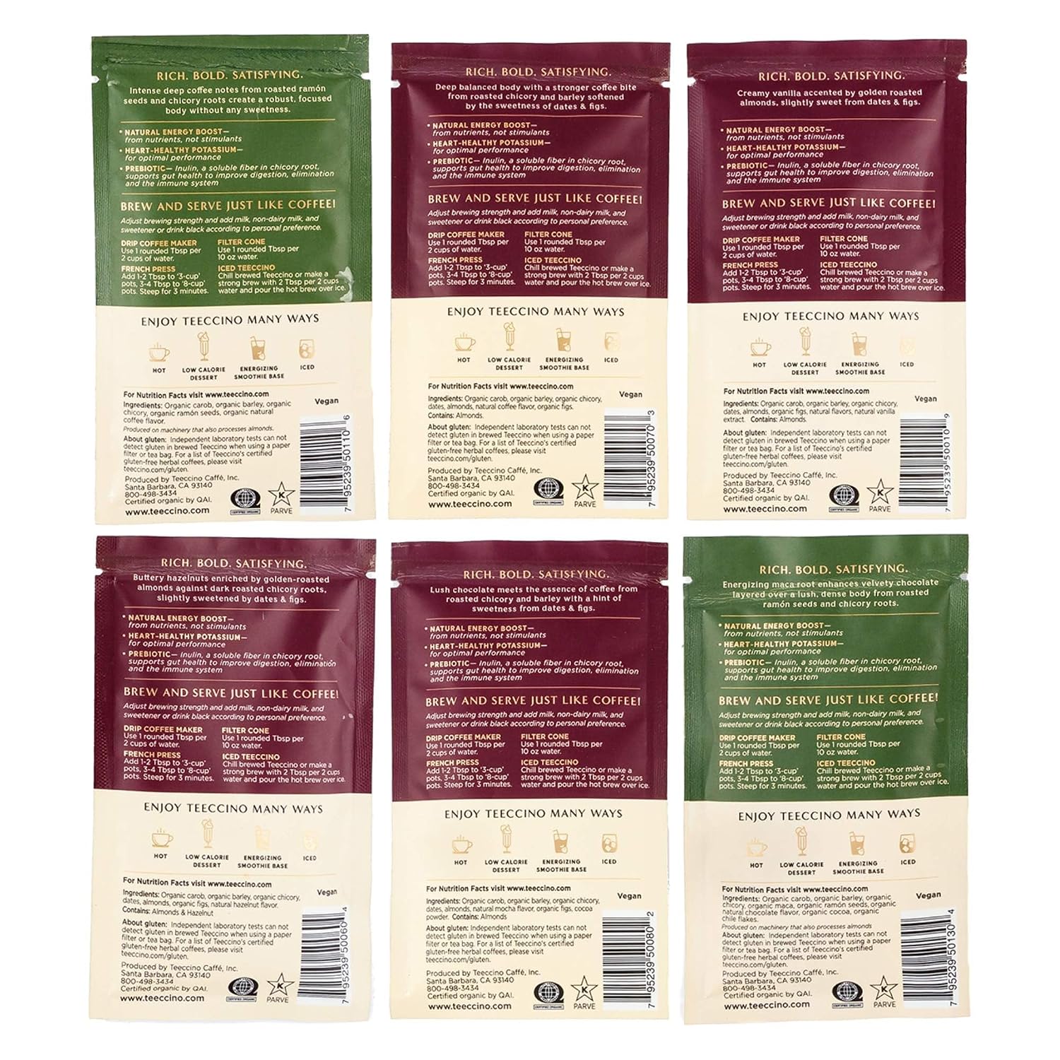 Teechino Chicory Herbal Coffee Sampler Pack - 6 Flavors - Caffeine Free