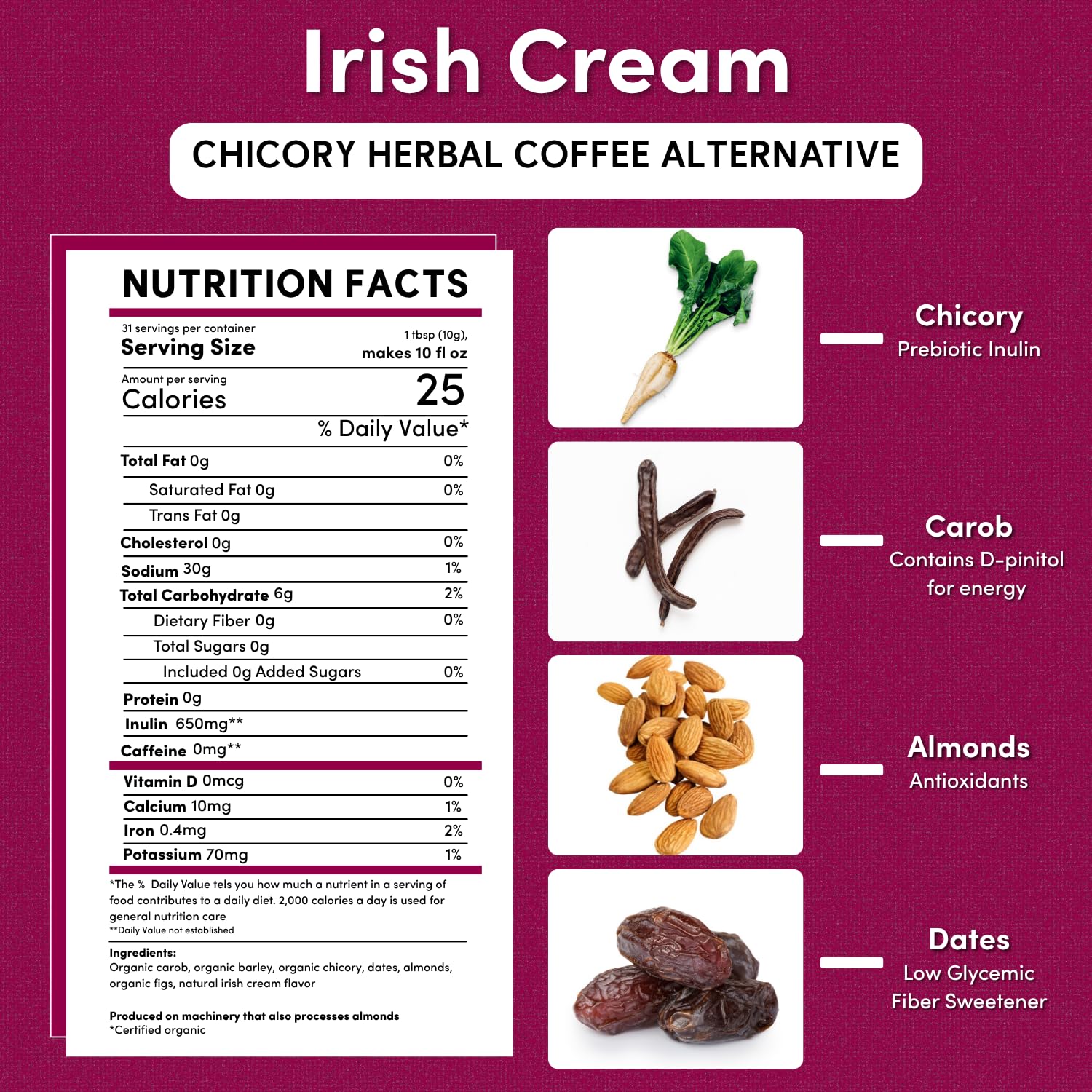 LIMITED EDITION! Teeccino Irish Cream CHICORY (Dandelion) Coffee Alternative