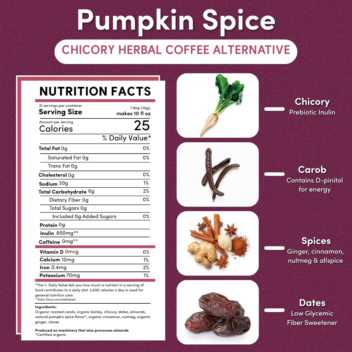 LIMITED EDITION! Teeccino Pumpkin Spice CHICORY (Dandelion) Coffee Alternative