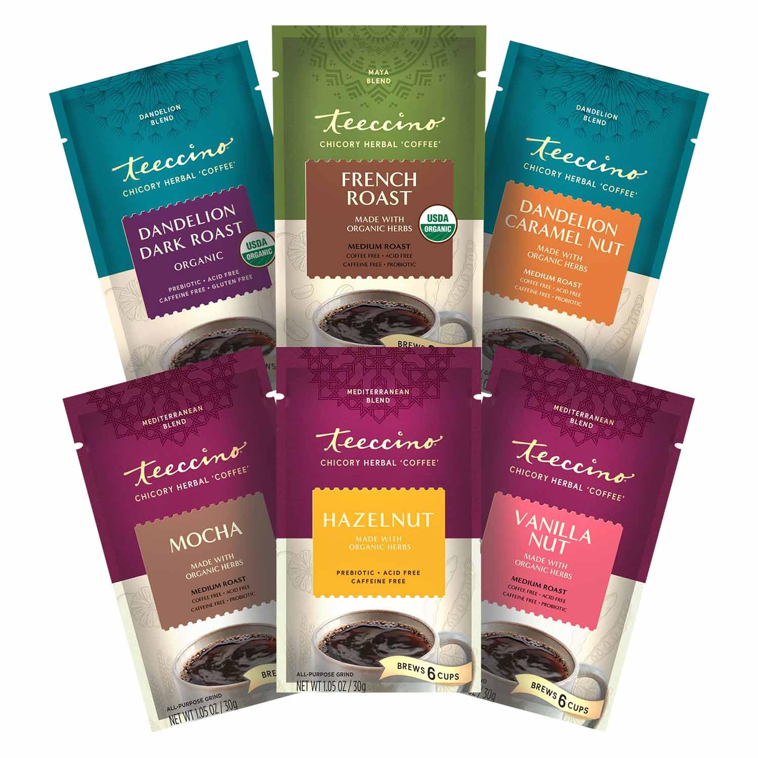 Teechino Chicory Herbal Coffee Sampler Pack - 6 Flavors - Caffeine Free