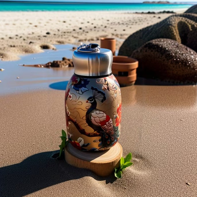 Beautiful Peacock Insulated Chubby Travel Water Bottle STAINLESS STEEL 10oz