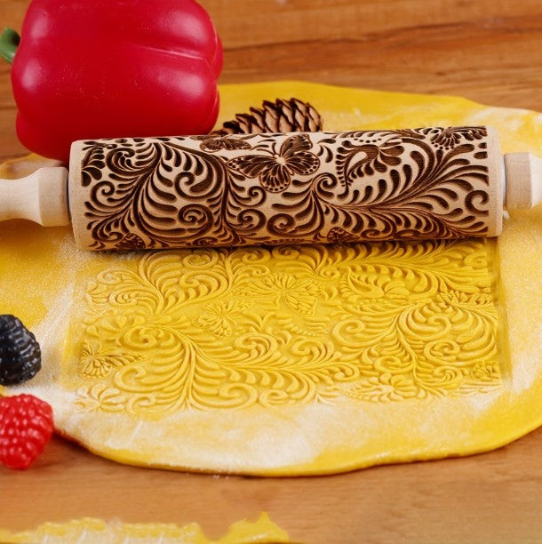 Floral Filigree Embossed Rolling Pin - Natural Wood