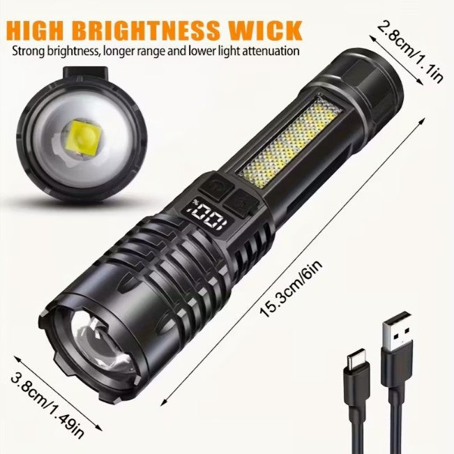 High-power Handheld Flashlight with Side Lamp - Telescopic Zoom (A-2-3)