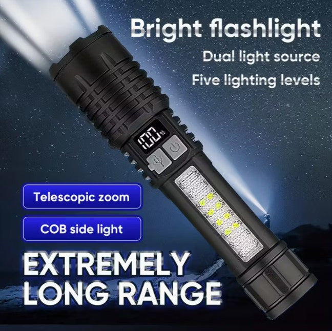 High-power Handheld Flashlight with Side Lamp - Telescopic Zoom (A-2-3)