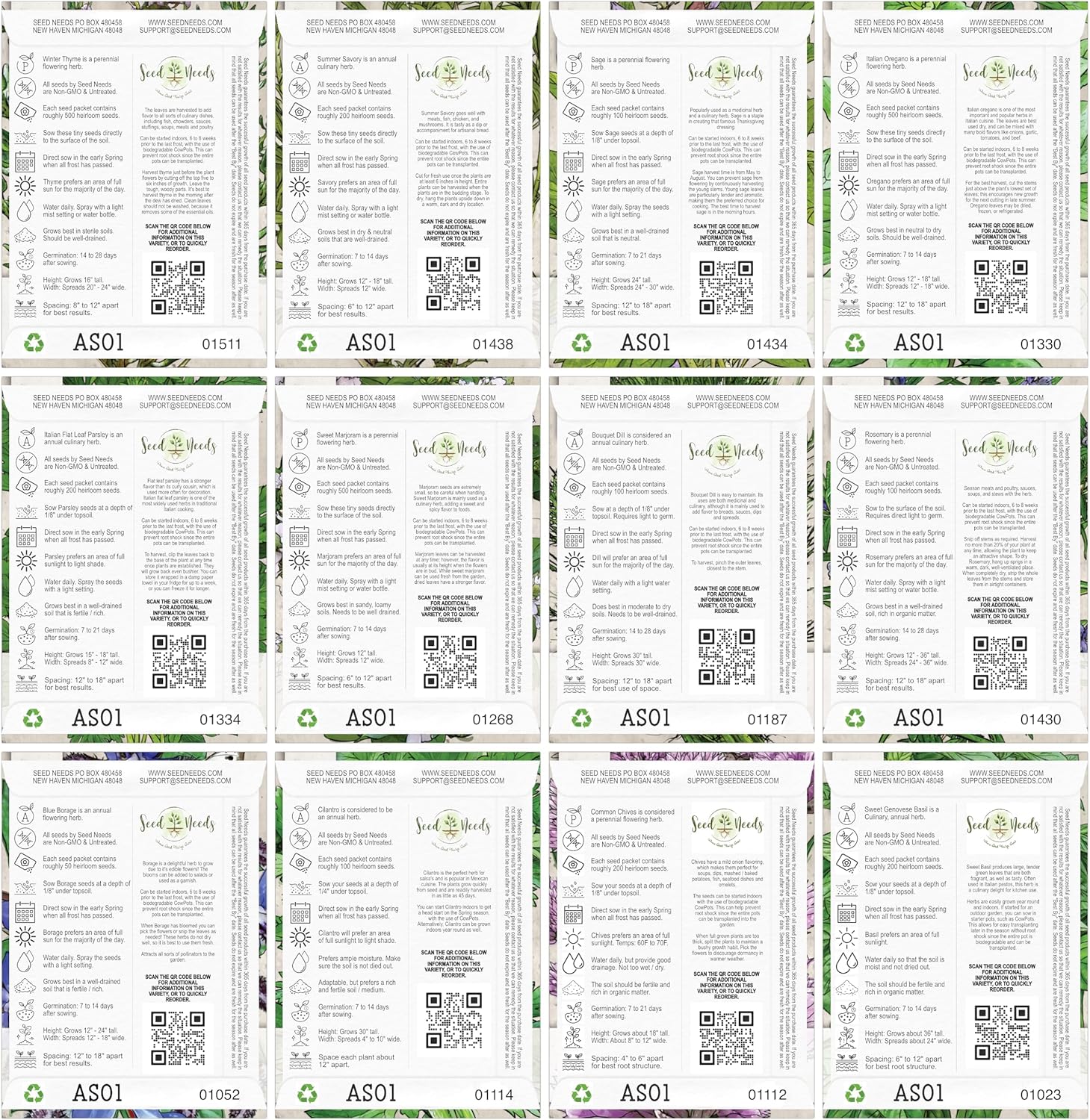 Basil, Chives, Cilantro, Dill, Marjoram, Oregano, Parsley, Sage, Thyme, Borage, Savory, Rosemary Seeds