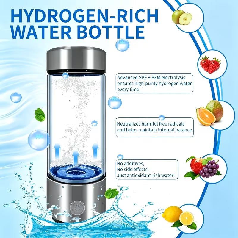 Hydrogen Water Bottle SPE/PEM Hydrolysis - Ready in 3 Minutes! Stainless Steel