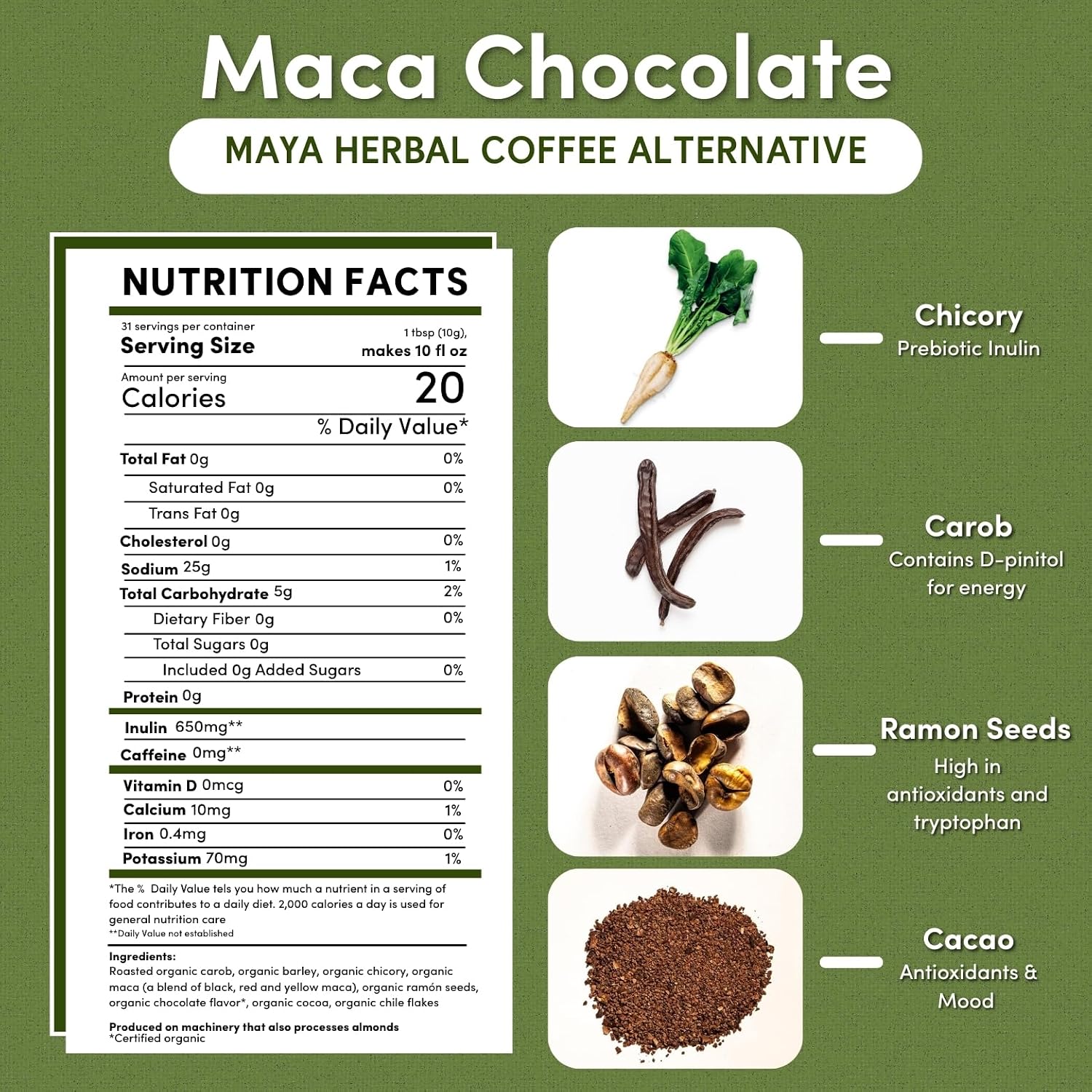 Teeccino Maca Chocolaté Chicory Coffee Alternative CAROB & CHICORY Coffee Alternative