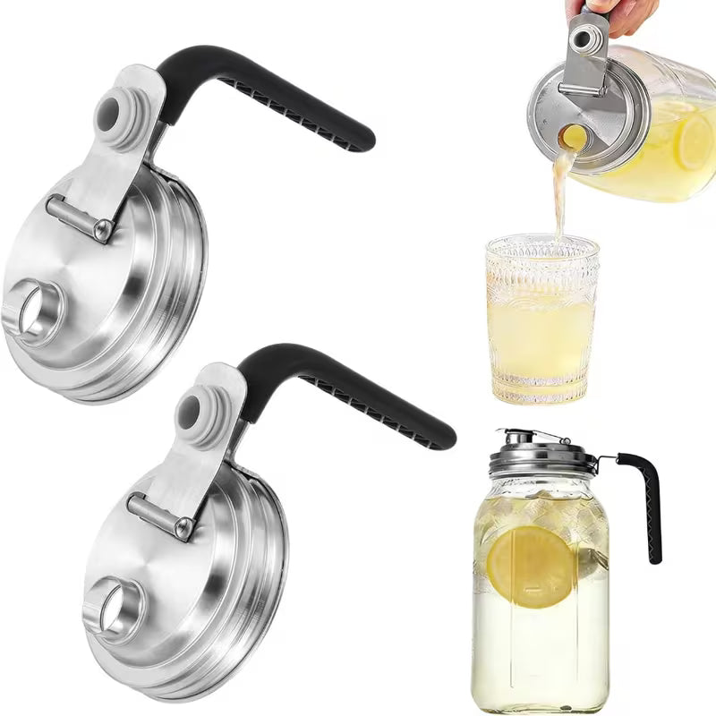 2 Pack Mason Jar Handle Pour Lid STAINLESS STEEL - Wide Mouth